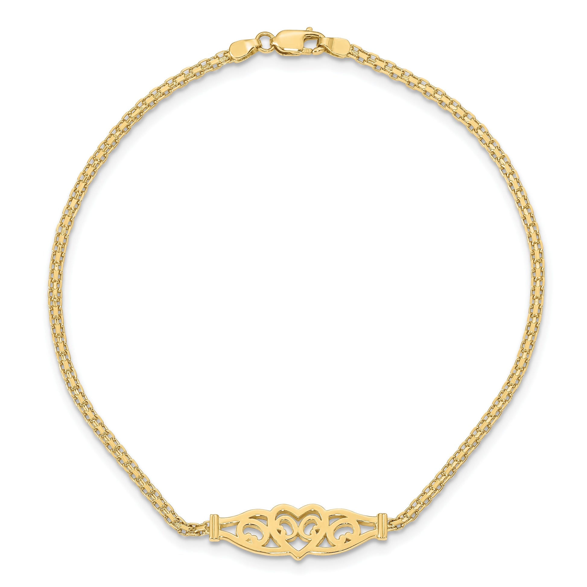 14k Polished Filigree Heart and Bismark Chain 9 inch Anklet