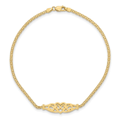 14k Polished Filigree Heart and Bismark Chain 9 inch Anklet