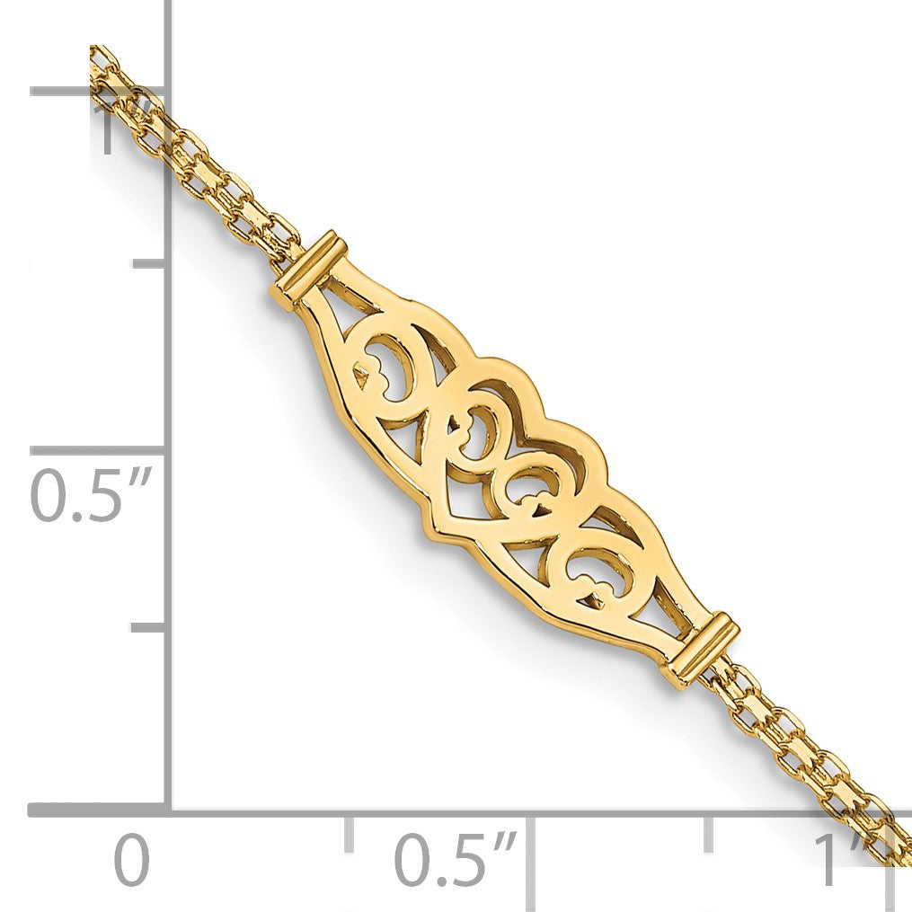 14k Polished Filigree Heart and Bismark Chain 9 inch Anklet