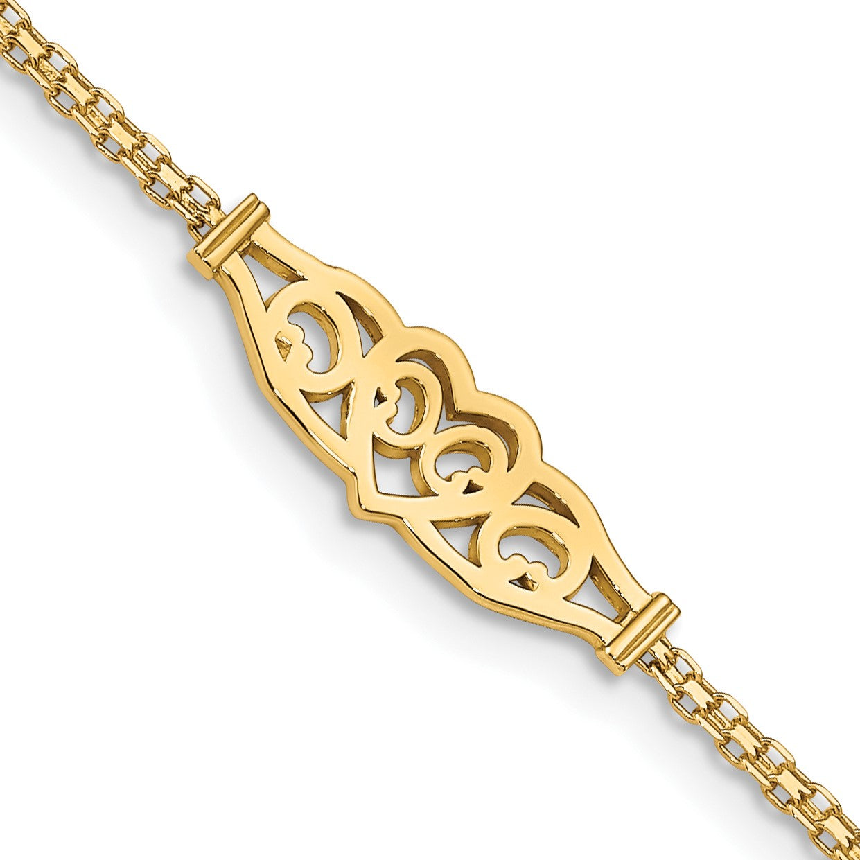 14k Polished Filigree Heart and Bismark Chain 9 inch Anklet