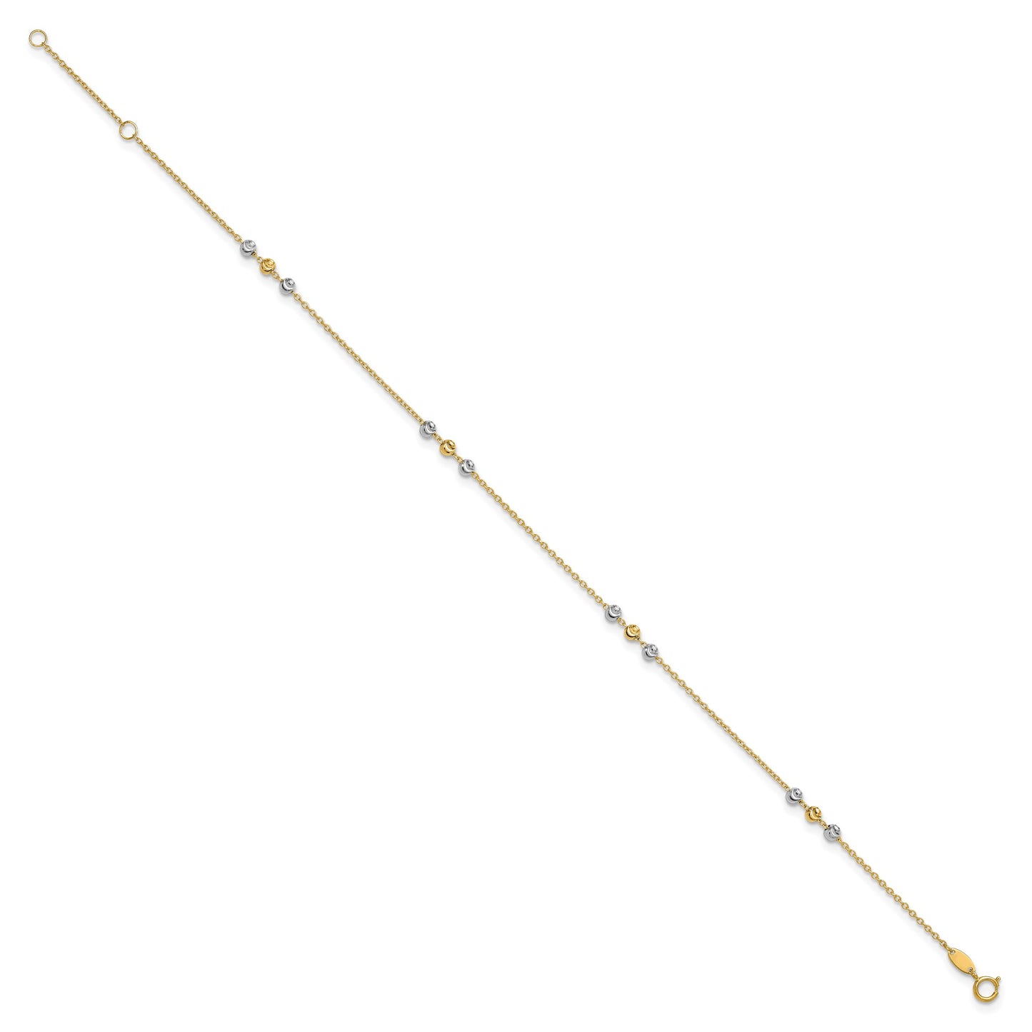 14K Two-tone Diamond-cut Beaded 4-Station 9 inch Plus 1 inch Extender - Total 10 inch Anklet