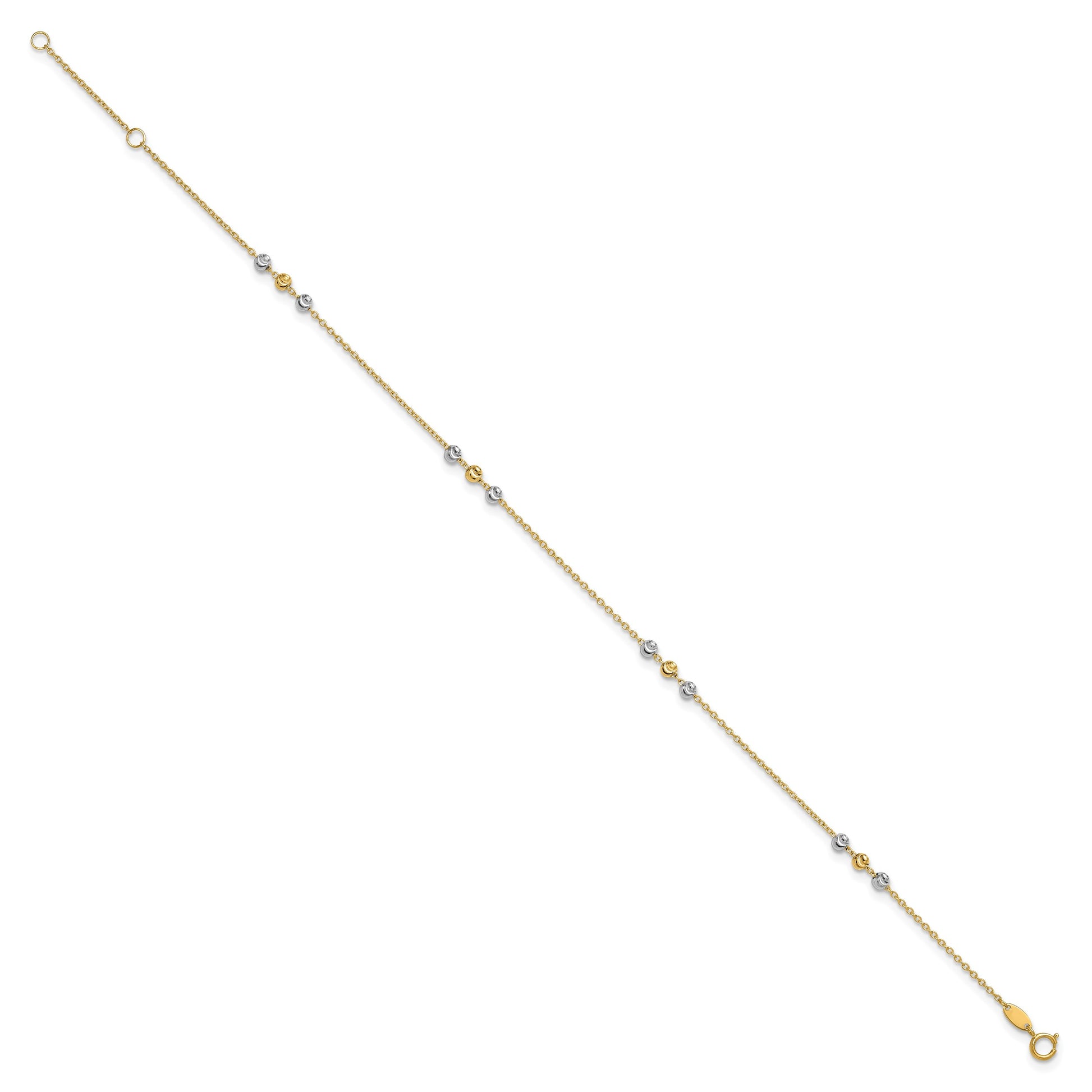 14K Two-tone Diamond-cut Beaded 4-Station 9 inch Plus 1 inch Extender - Total 10 inch Anklet