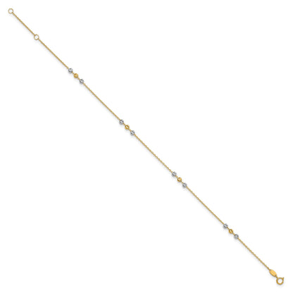 14K Two-tone Diamond-cut Beaded 4-Station 9 inch Plus 1 inch Extender - Total 10 inch Anklet