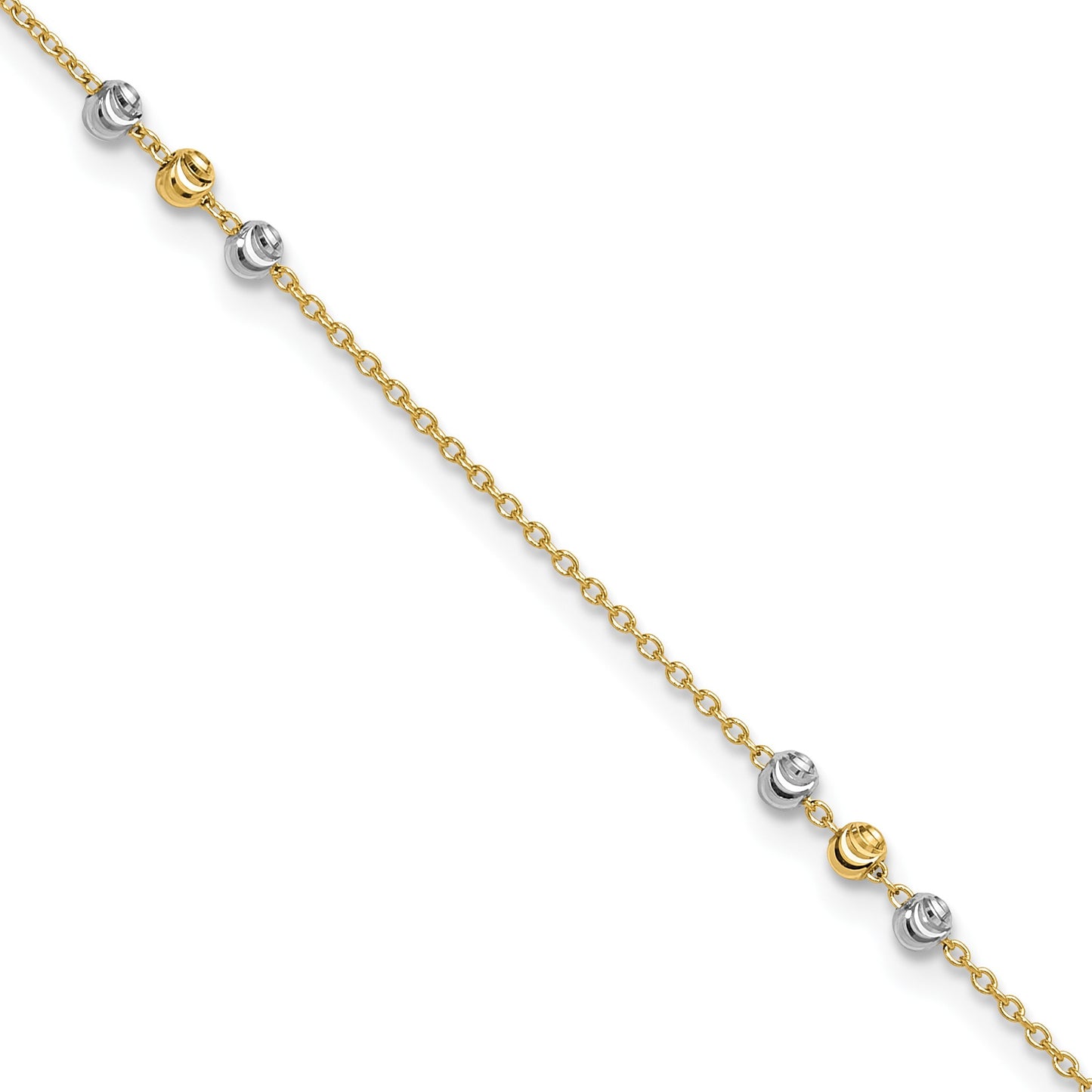 14K Two-tone Diamond-cut Beaded 4-Station 9 inch Plus 1 inch Extender - Total 10 inch Anklet