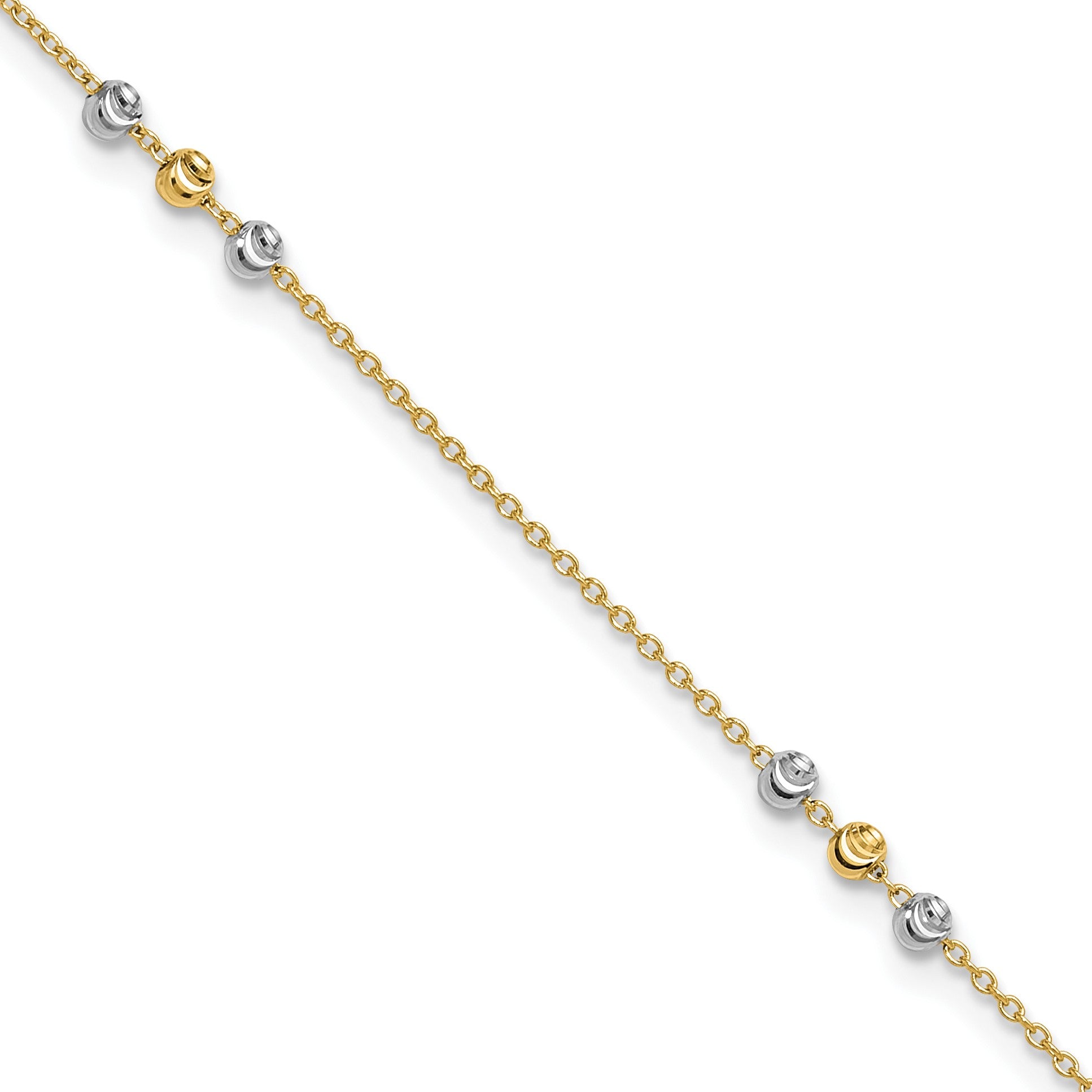 14K Two-tone Diamond-cut Beaded 4-Station 9 inch Plus 1 inch Extender - Total 10 inch Anklet