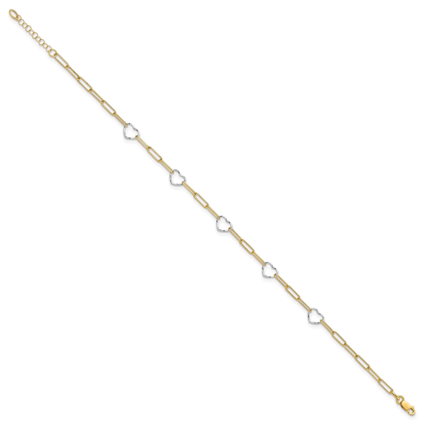 14K Two-tone 5 Hearts and Paperclip Links 9 inch Plus 1 inch Extender - Total 10 inch Anklet