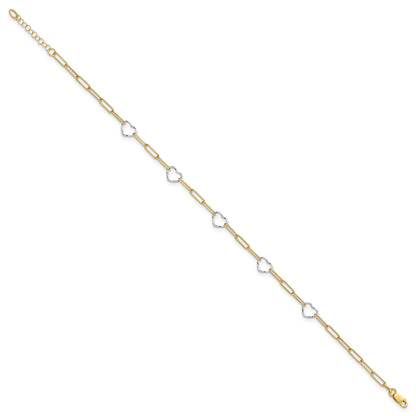 14K Two-tone 5 Hearts and Paperclip Links 9 inch Plus 1 inch Extender - Total 10 inch Anklet