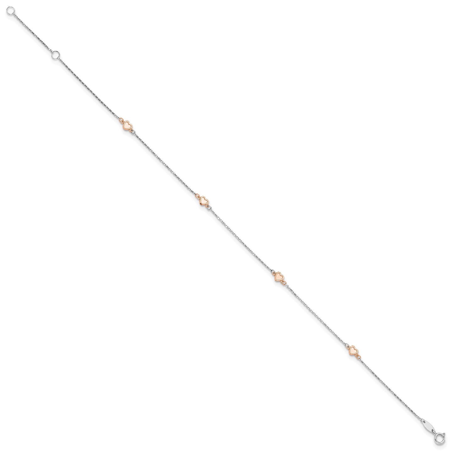 14K Two-tone White and Rose Satin Hearts 4-Station 9 inch Plus 1 inch Extender - Total 10 inch Anklet