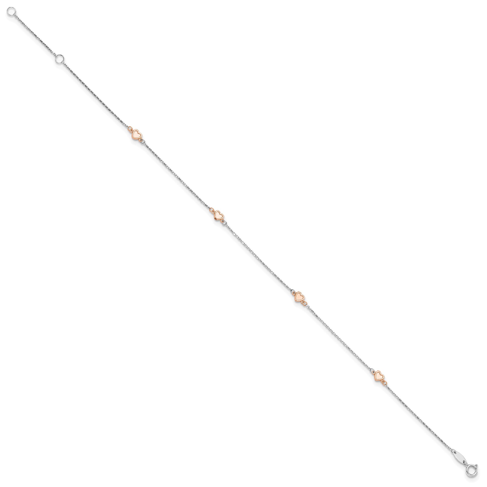 14K Two-tone White and Rose Satin Hearts 4-Station 9 inch Plus 1 inch Extender - Total 10 inch Anklet