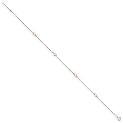 14K Two-tone White and Rose Satin Hearts 4-Station 9 inch Plus 1 inch Extender - Total 10 inch Anklet