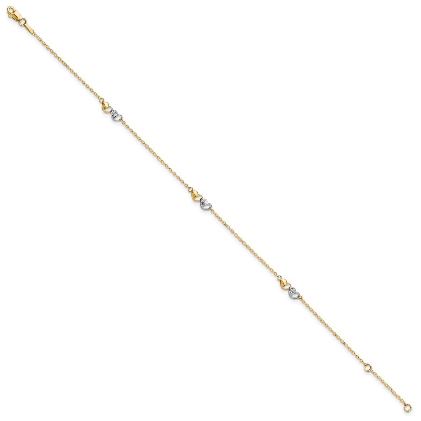 14k Two-tone Diamond-cut Double Hearts 3-Station 9 inch Plus 1 inch Extender - Total 10 inch Anklet