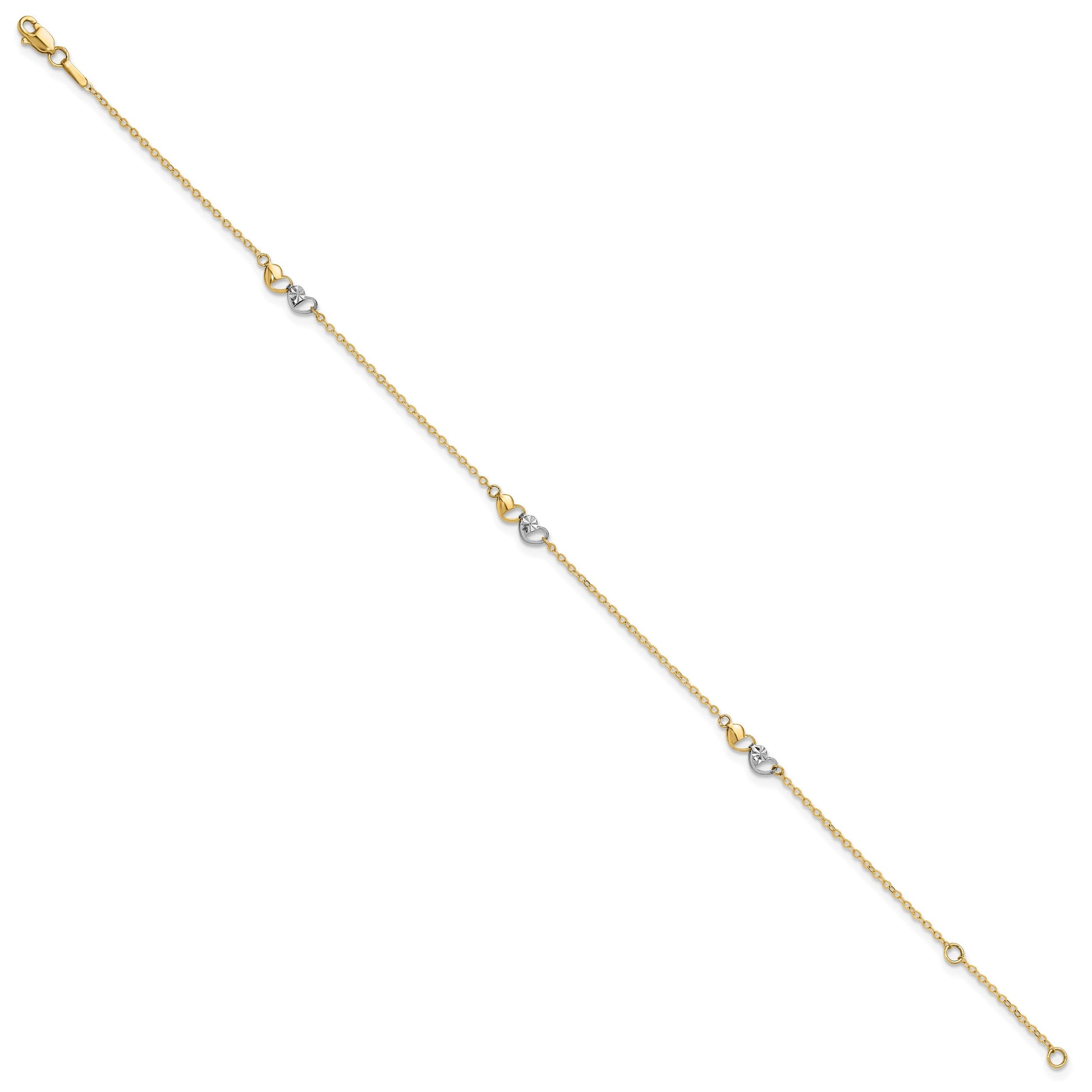 14k Two-tone Diamond-cut Double Hearts 3-Station 9 inch Plus 1 inch Extender - Total 10 inch Anklet