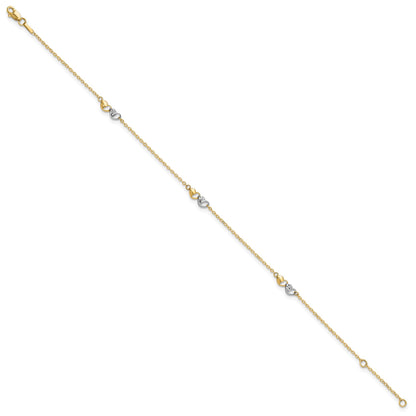 14k Two-tone Diamond-cut Double Hearts 3-Station 9 inch Plus 1 inch Extender - Total 10 inch Anklet
