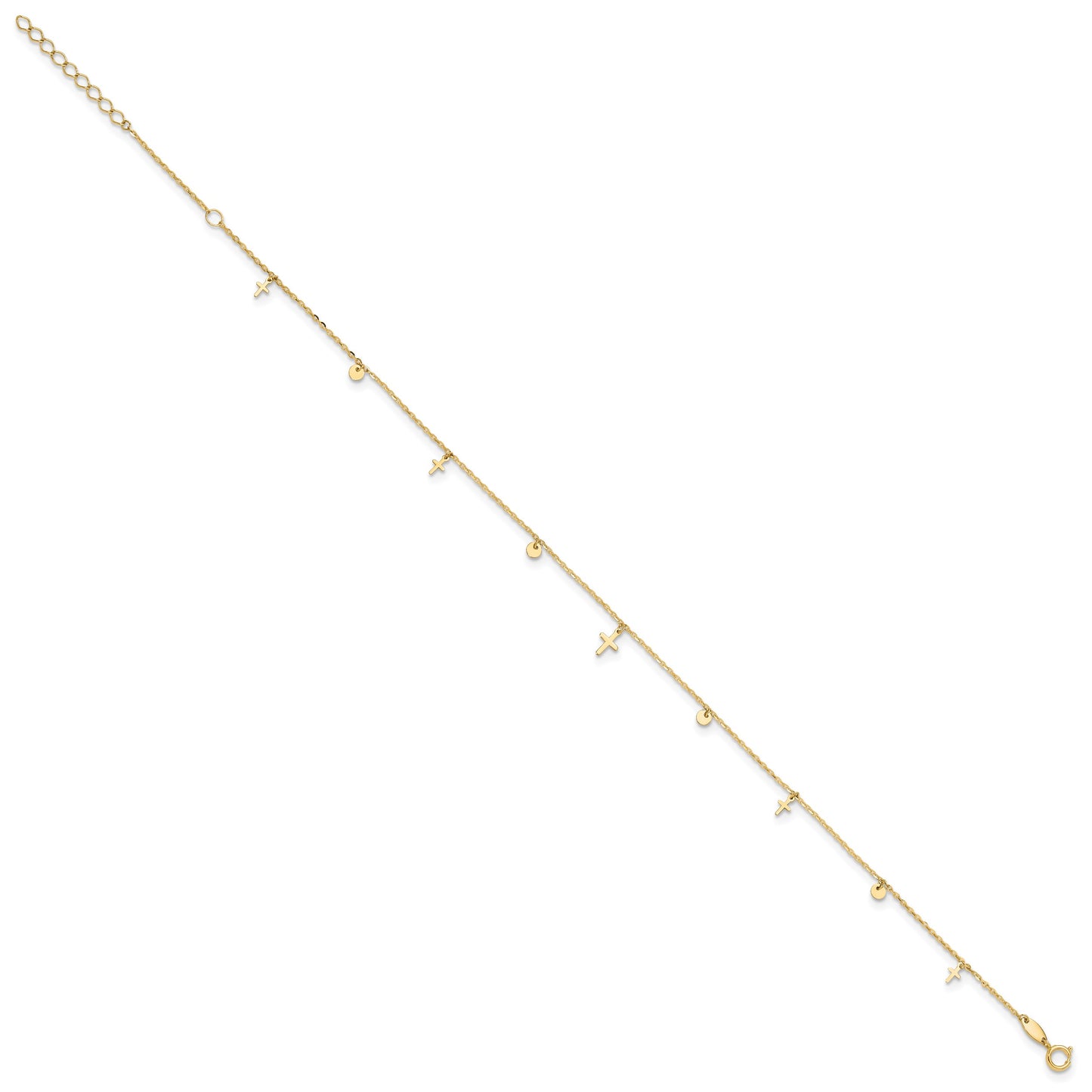 14K Polished Dangle Crosses and Circles 9 inch Plus 2 in Extender - Total 11 inch Anklet
