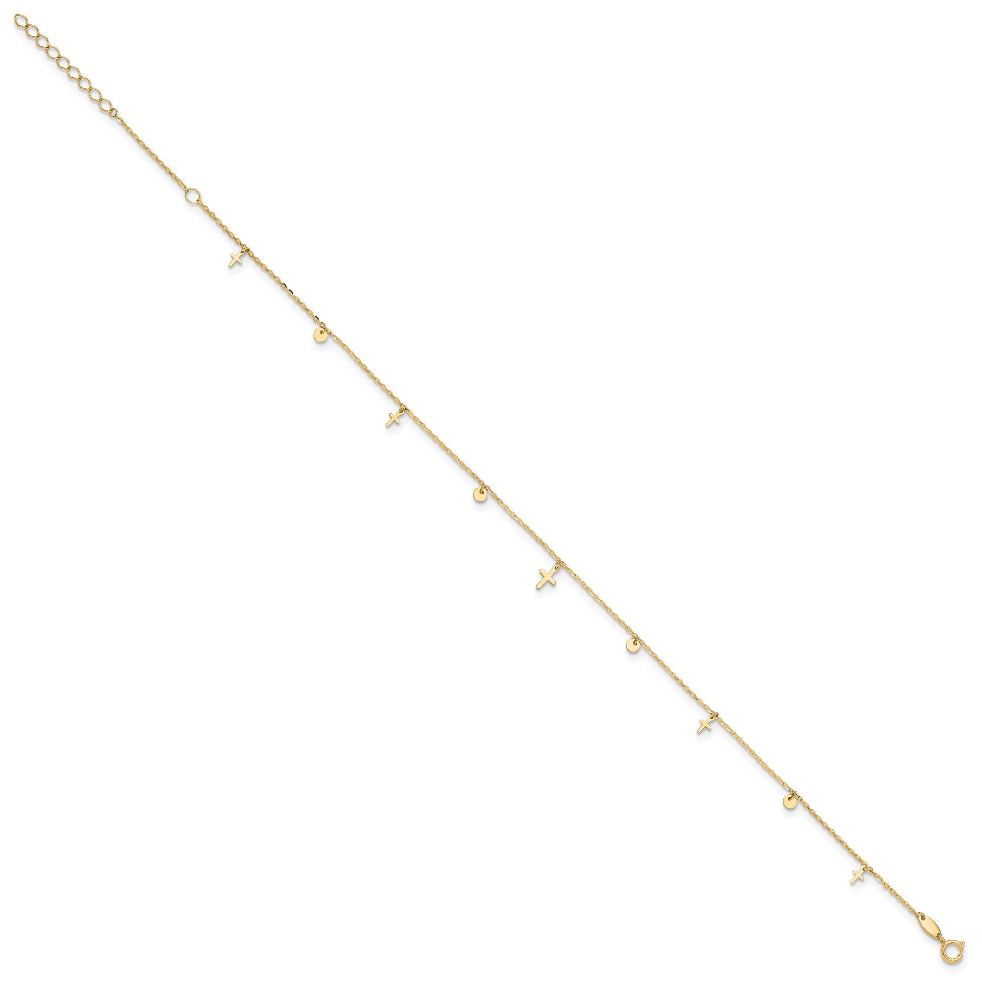 14K Polished Dangle Crosses and Circles 9 inch Plus 2 in Extender - Total 11 inch Anklet