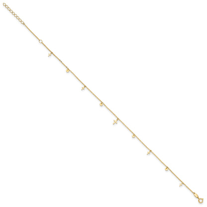 14K Polished Dangle Crosses and Circles 9 inch Plus 2 in Extender - Total 11 inch Anklet