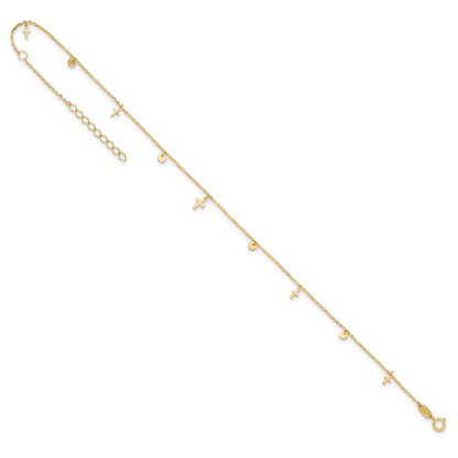 14K Polished Dangle Crosses and Circles 9 inch Plus 2 in Extender - Total 11 inch Anklet