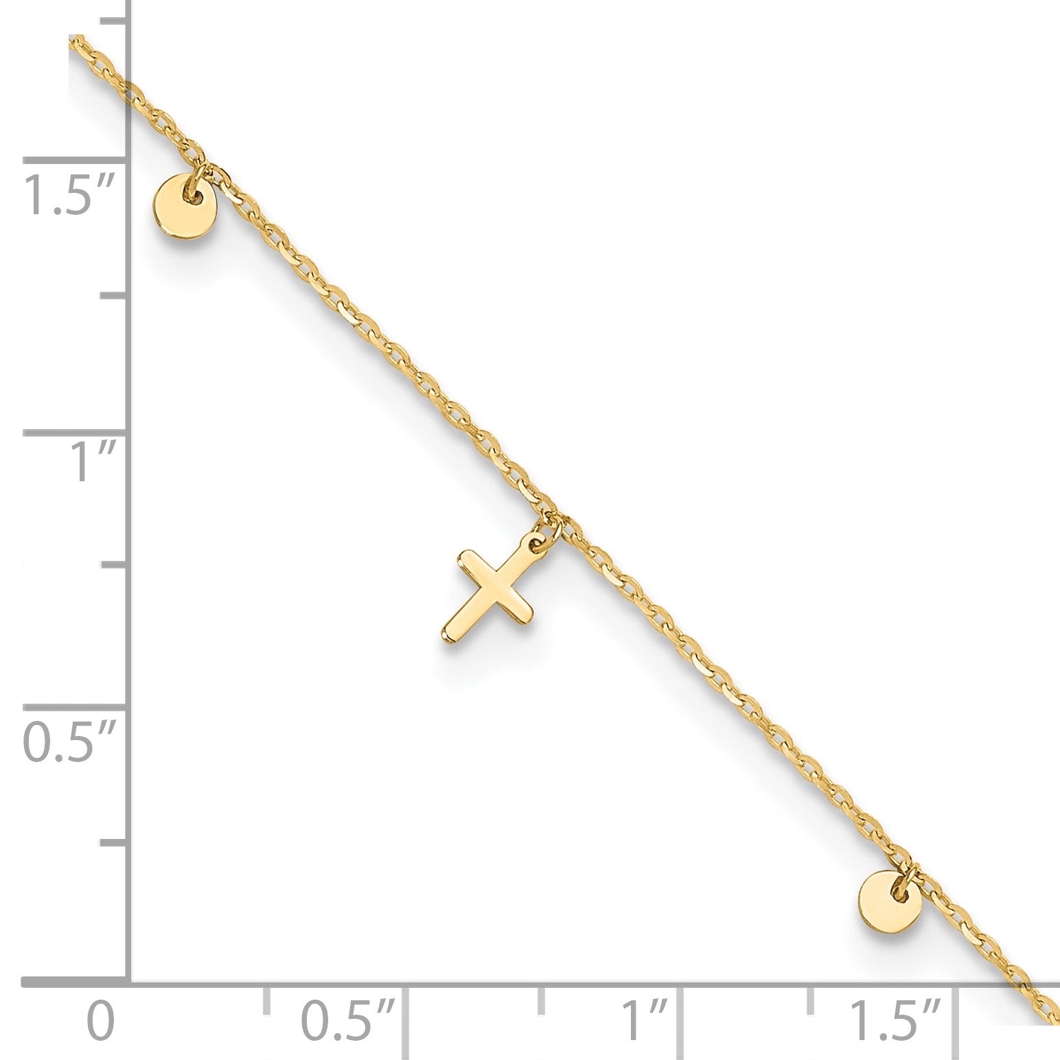 14K Polished Dangle Crosses and Circles 9 inch Plus 2 in Extender - Total 11 inch Anklet