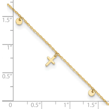 14K Polished Dangle Crosses and Circles 9 inch Plus 2 in Extender - Total 11 inch Anklet