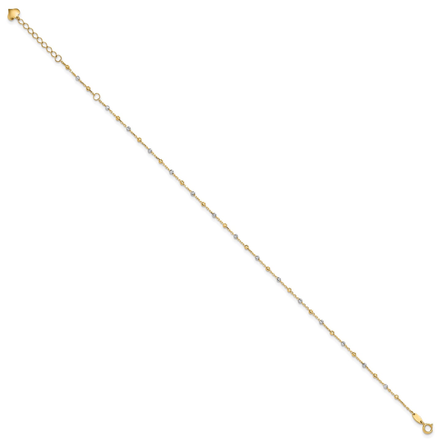 14K Two-tone Diamond-cut Bead 10 inch Plus 1 inch Extender - Total 11 inch Anklet