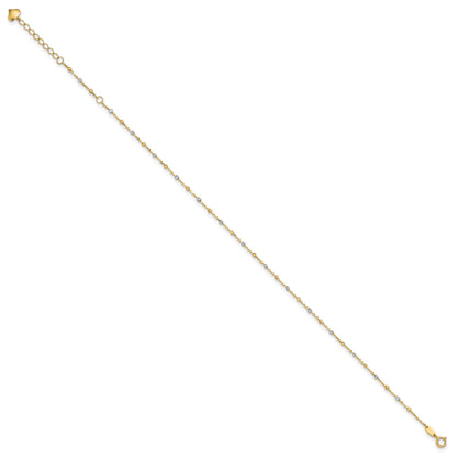 14K Two-tone Diamond-cut Bead 10 inch Plus 1 inch Extender - Total 11 inch Anklet