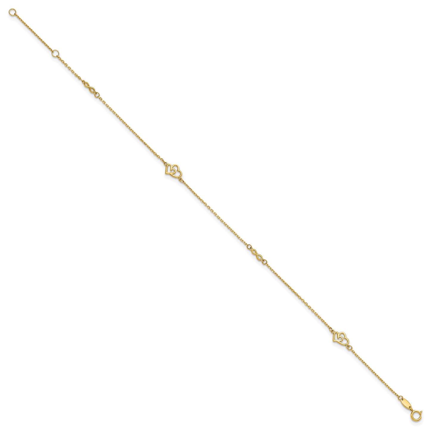 14k Polished Double Hearts and Infinity 9 inch Plus 1 inch Extender - Total 10 inch Anklet