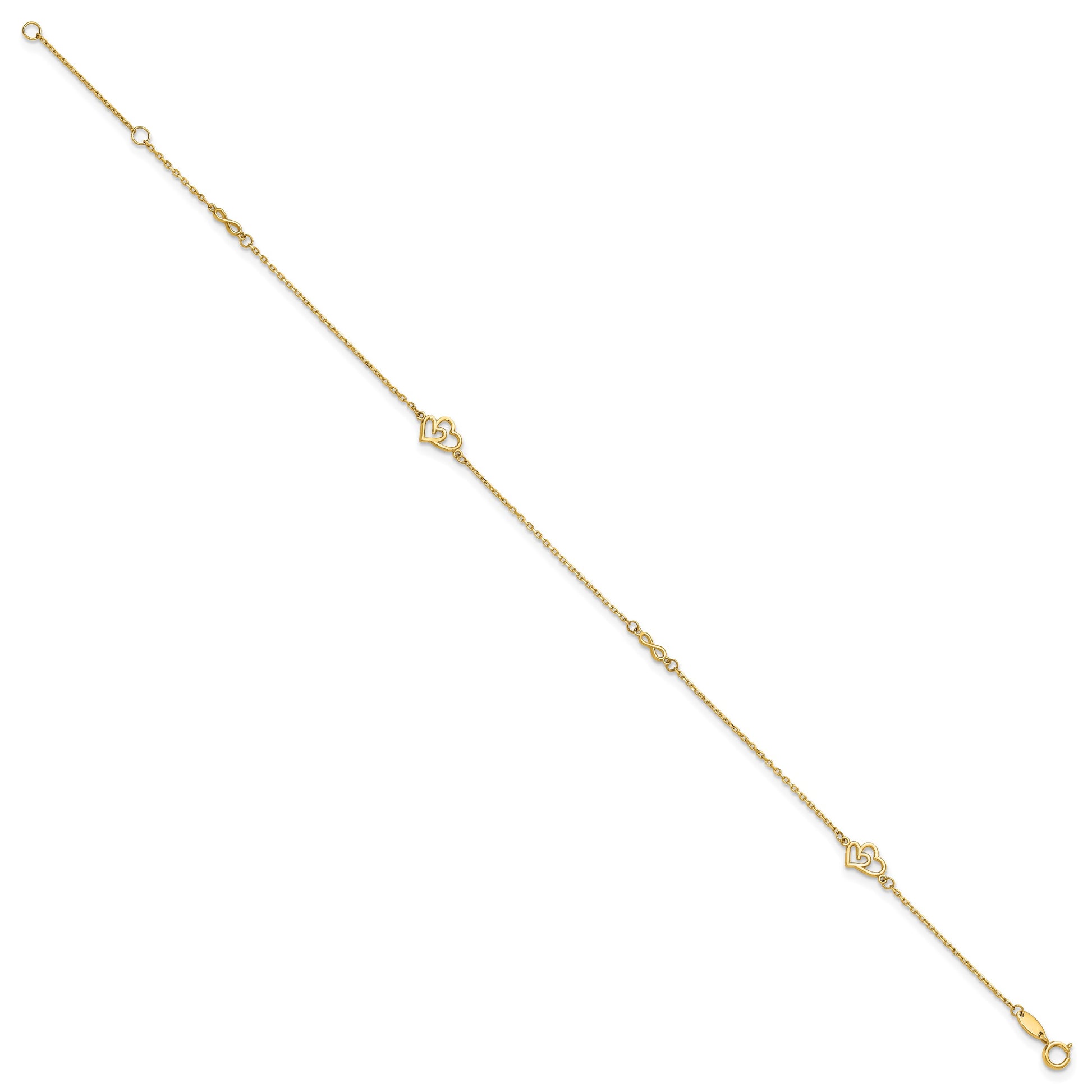 14k Polished Double Hearts and Infinity 9 inch Plus 1 inch Extender - Total 10 inch Anklet
