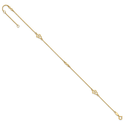 14k Polished Double Hearts and Infinity 9 inch Plus 1 inch Extender - Total 10 inch Anklet
