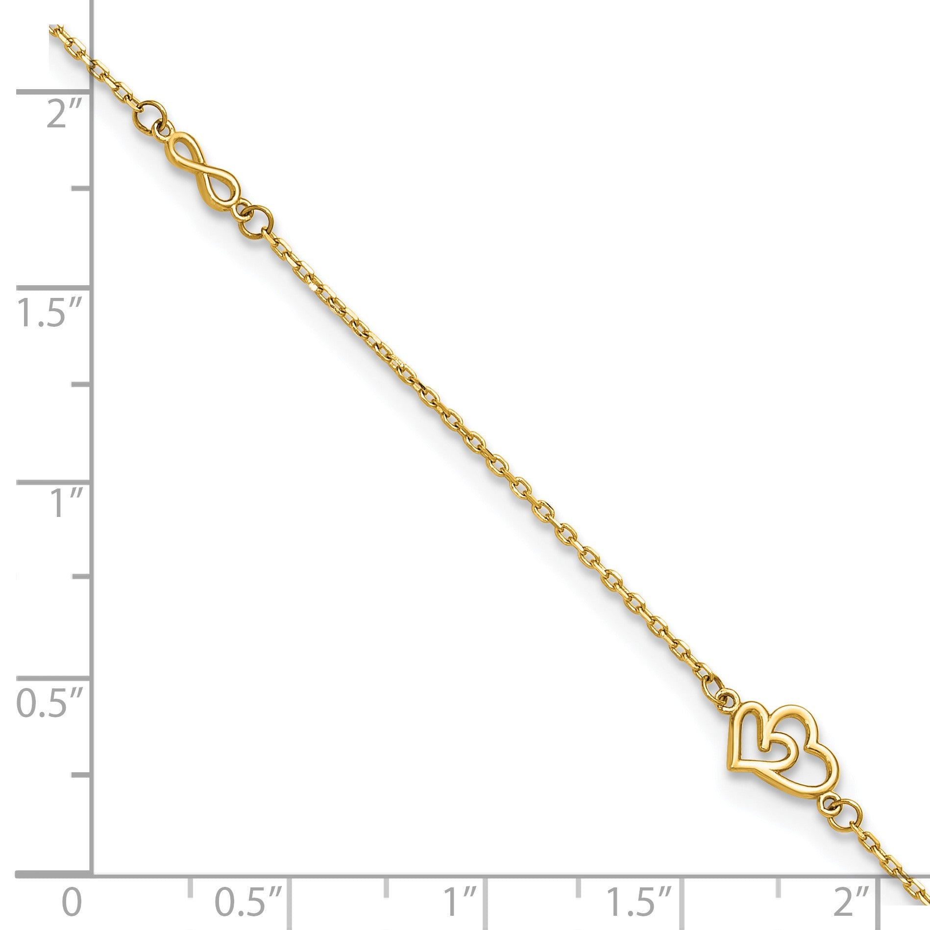 14k Polished Double Hearts and Infinity 9 inch Plus 1 inch Extender - Total 10 inch Anklet