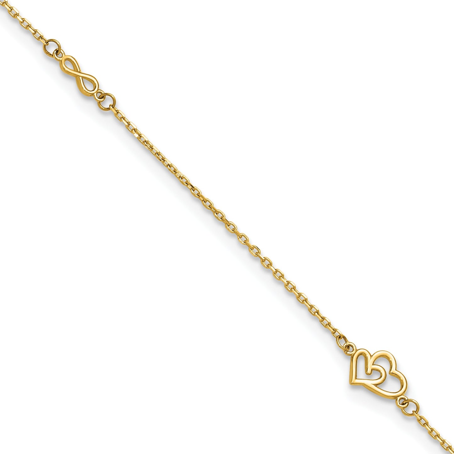 14k Polished Double Hearts and Infinity 9 inch Plus 1 inch Extender - Total 10 inch Anklet
