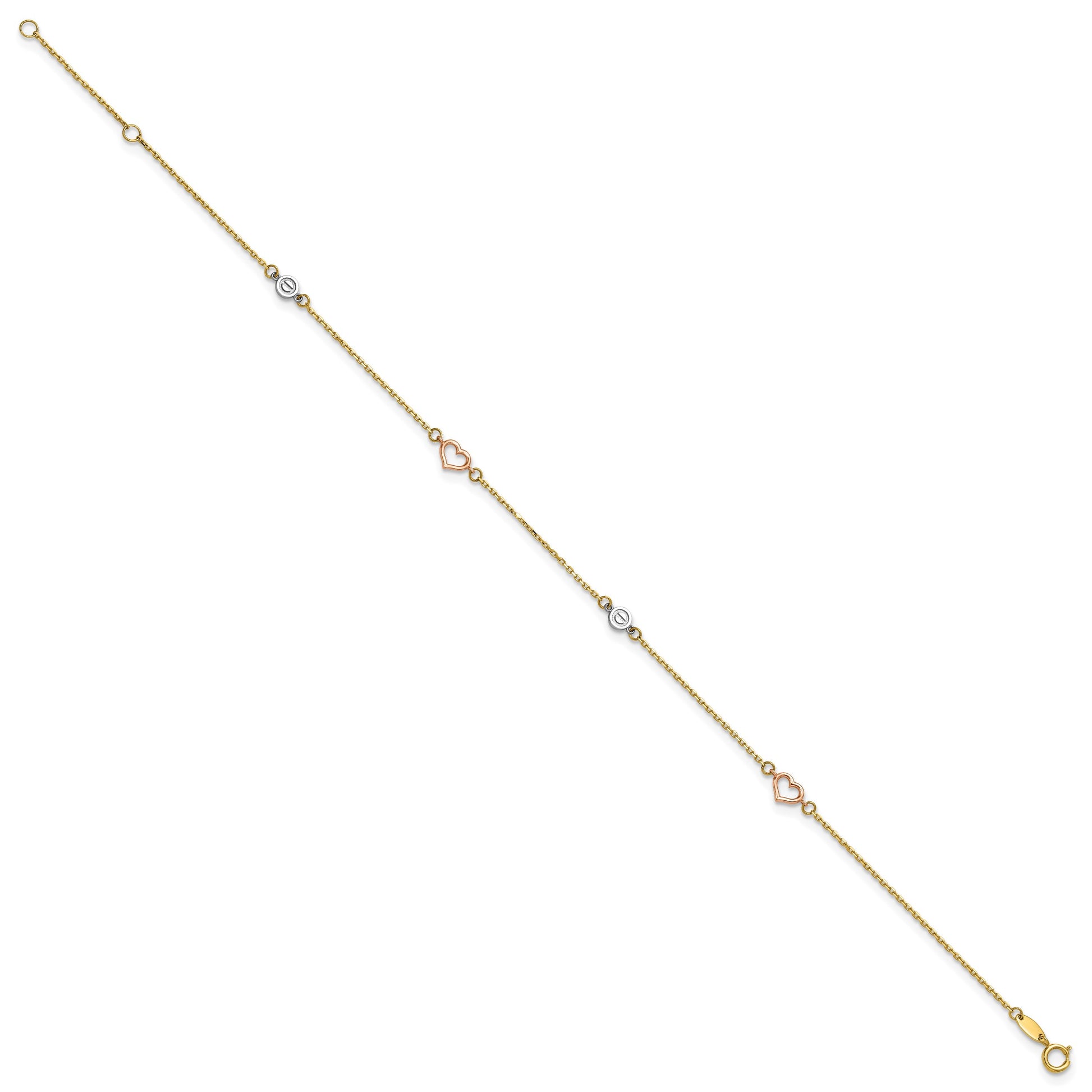 14k Tri-color Polished Hearts and Circles 9 inch Plus 1 inch Extender - Total 10 inch Anklet