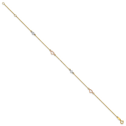 14k Tri-color Polished Hearts and Circles 9 inch Plus 1 inch Extender - Total 10 inch Anklet