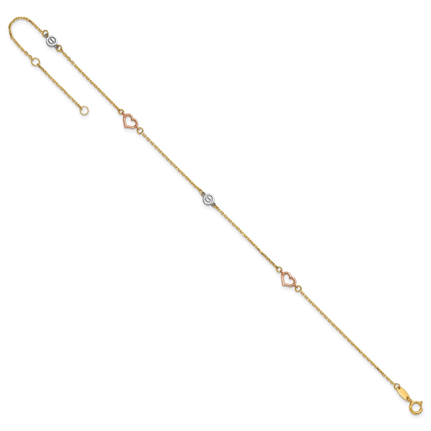 14k Tri-color Polished Hearts and Circles 9 inch Plus 1 inch Extender - Total 10 inch Anklet