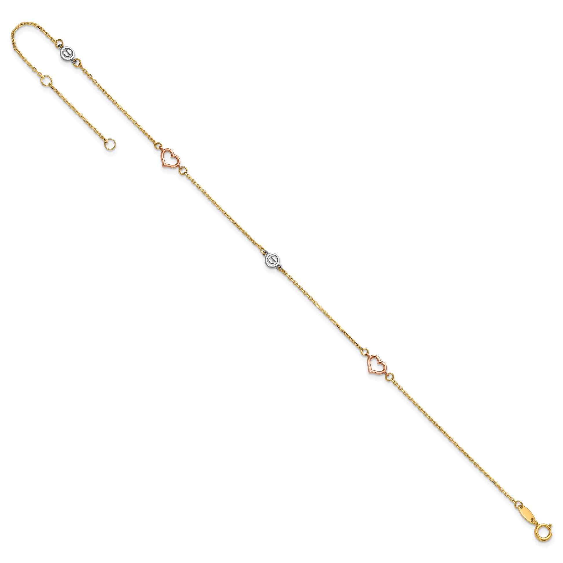 14k Tri-color Polished Hearts and Circles 9 inch Plus 1 inch Extender - Total 10 inch Anklet