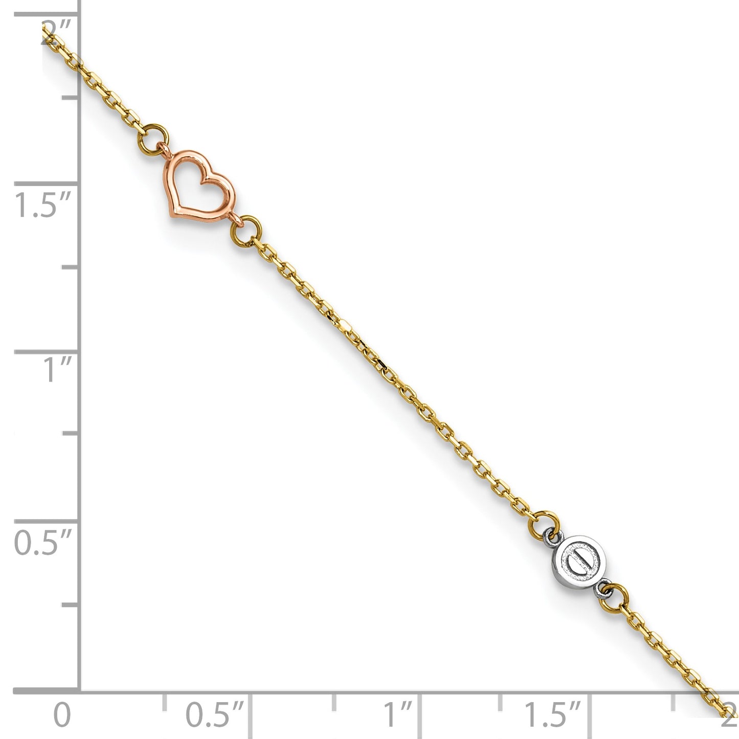 14k Tri-color Polished Hearts and Circles 9 inch Plus 1 inch Extender - Total 10 inch Anklet