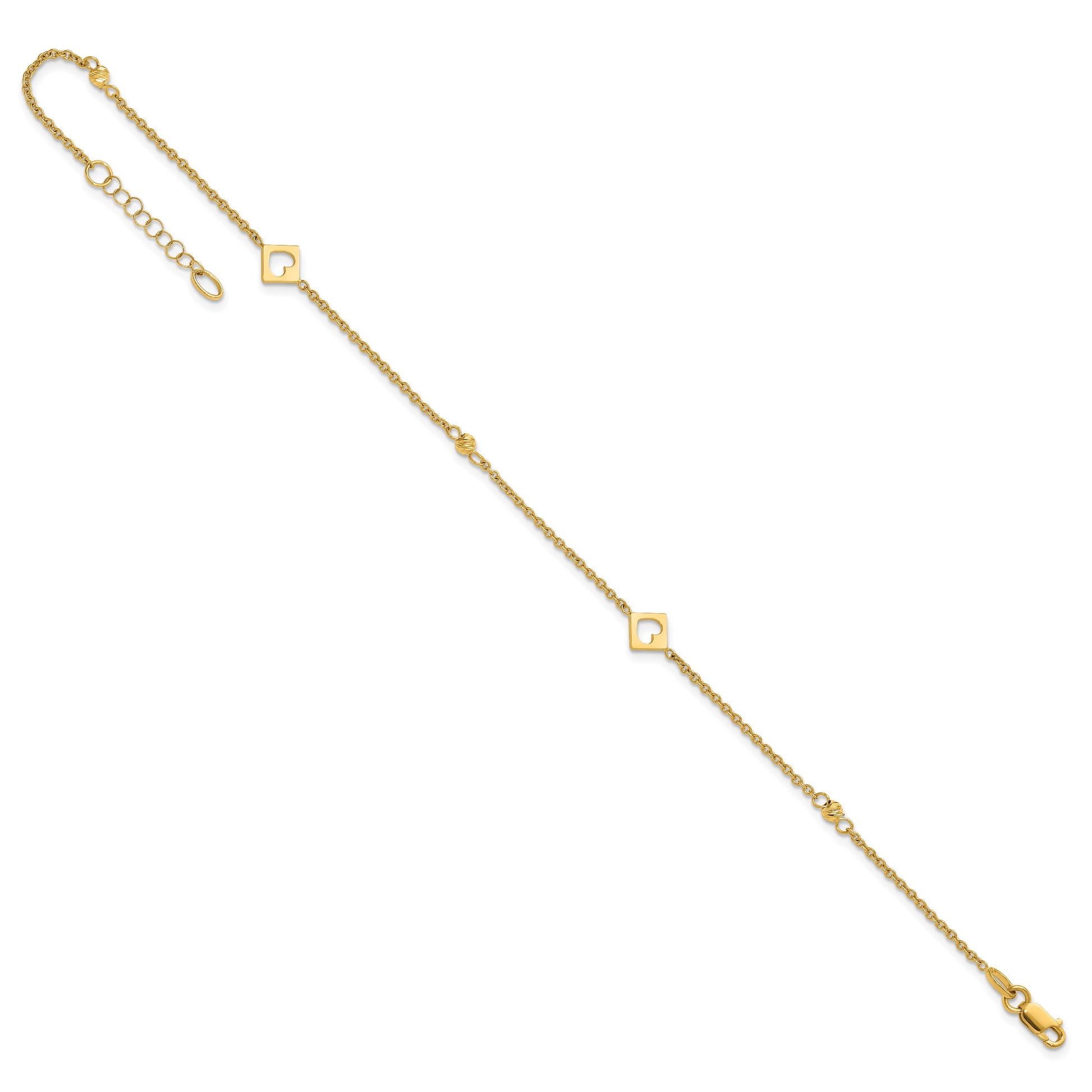 14k Polished Cut-out Hearts and Diamond-cut Beads 9 inch Plus 1 inch Extender - Total 10 inch Anklet