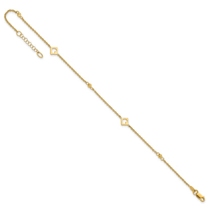 14k Polished Cut-out Hearts and Diamond-cut Beads 9 inch Plus 1 inch Extender - Total 10 inch Anklet