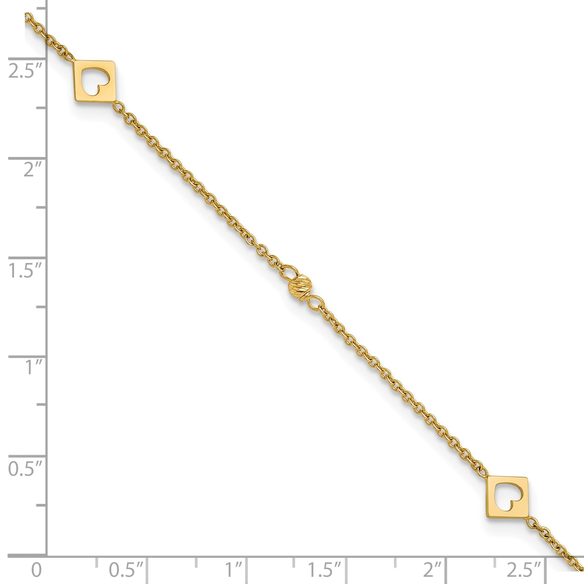 14k Polished Cut-out Hearts and Diamond-cut Beads 9 inch Plus 1 inch Extender - Total 10 inch Anklet