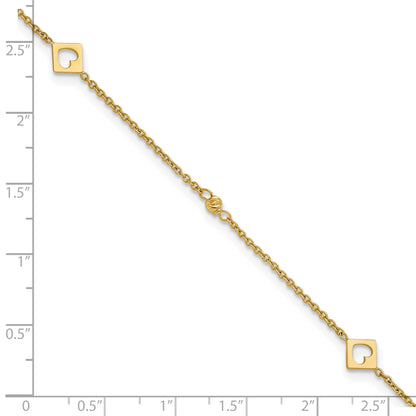 14k Polished Cut-out Hearts and Diamond-cut Beads 9 inch Plus 1 inch Extender - Total 10 inch Anklet