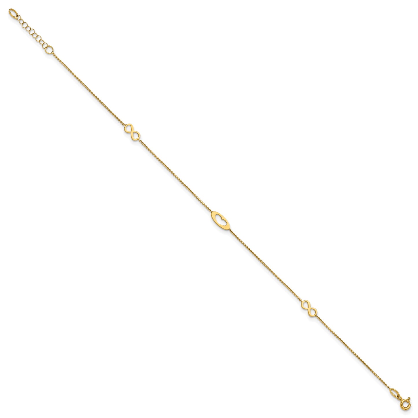 14k Polished Infinity and Heart 9 inch Anklet with 1 inch Extender - Total 10 inch Anklet