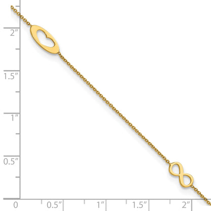 14k Polished Infinity and Heart 9 inch Anklet with 1 inch Extender - Total 10 inch Anklet
