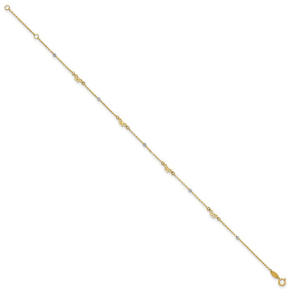 14k Two-tone Polished Diamond-cut Beads and Bows 9 inch Plus 1 inch Extender - Total 10 inch Anklet