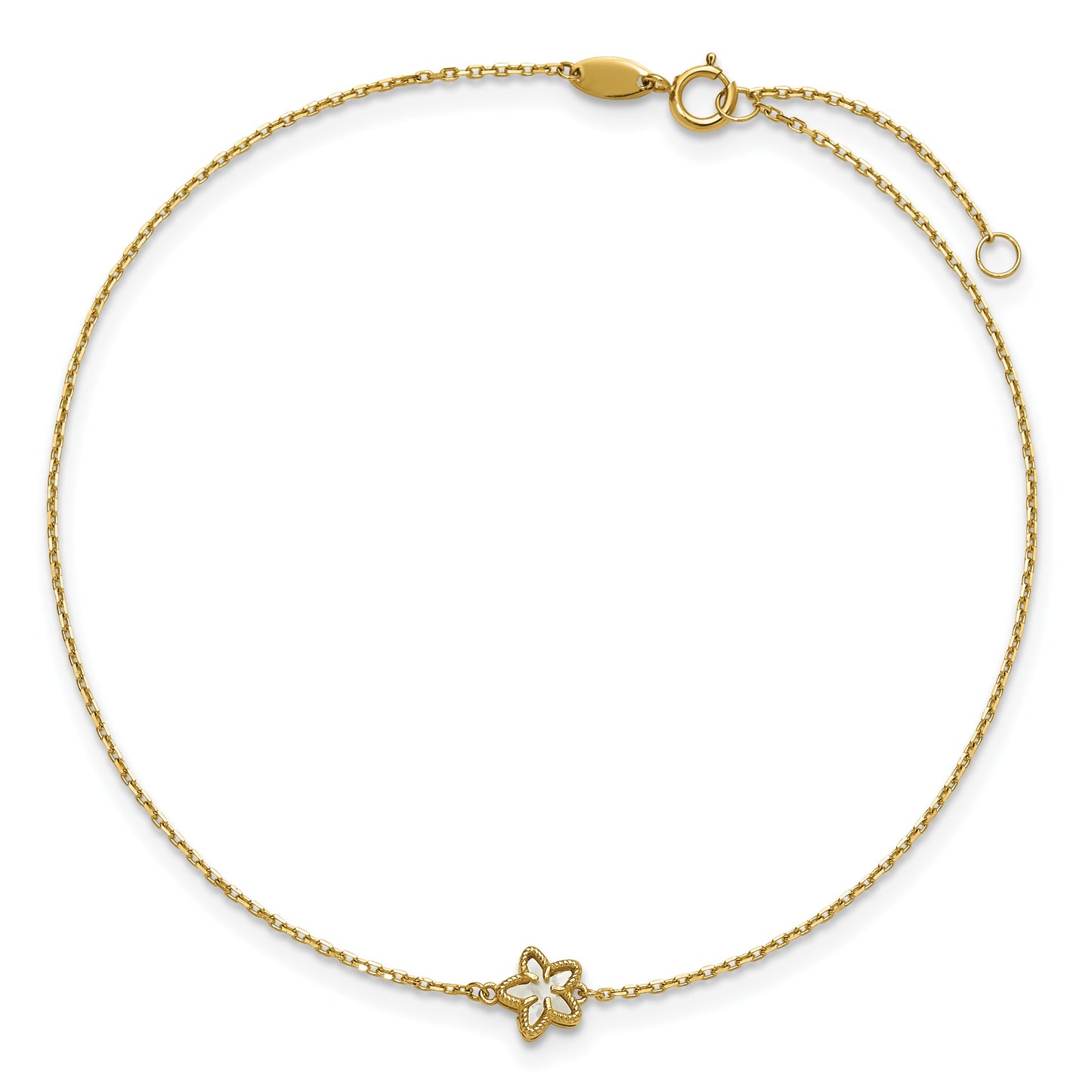 14K Polished Mother of Pearl Flower 9 inch Plus 1 inch Extender - Total 10 inch Anklet