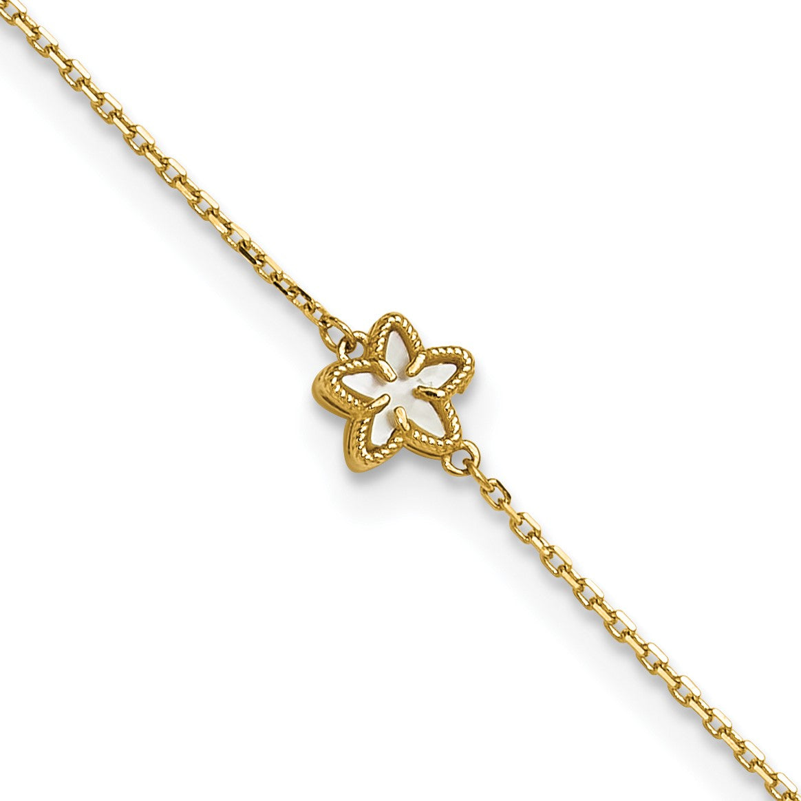 14K Polished Mother of Pearl Flower 9 inch Plus 1 inch Extender - Total 10 inch Anklet