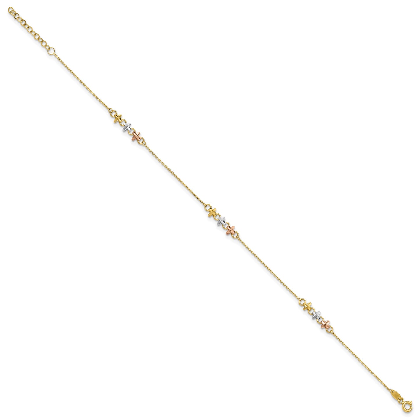 14K Two-tone with White Rhodium 3-Station Flowers 9 inch Plus 1 inch Extender - Total 10 inch Anklet