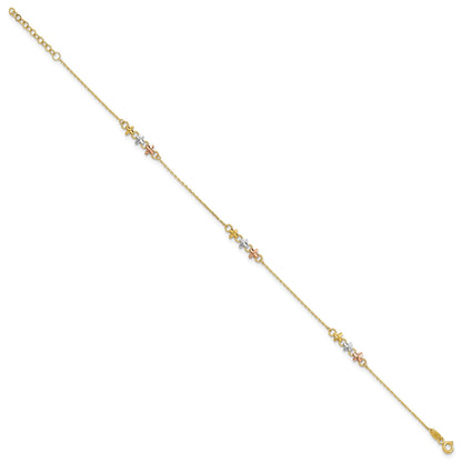 14K Two-tone with White Rhodium 3-Station Flowers 9 inch Plus 1 inch Extender - Total 10 inch Anklet