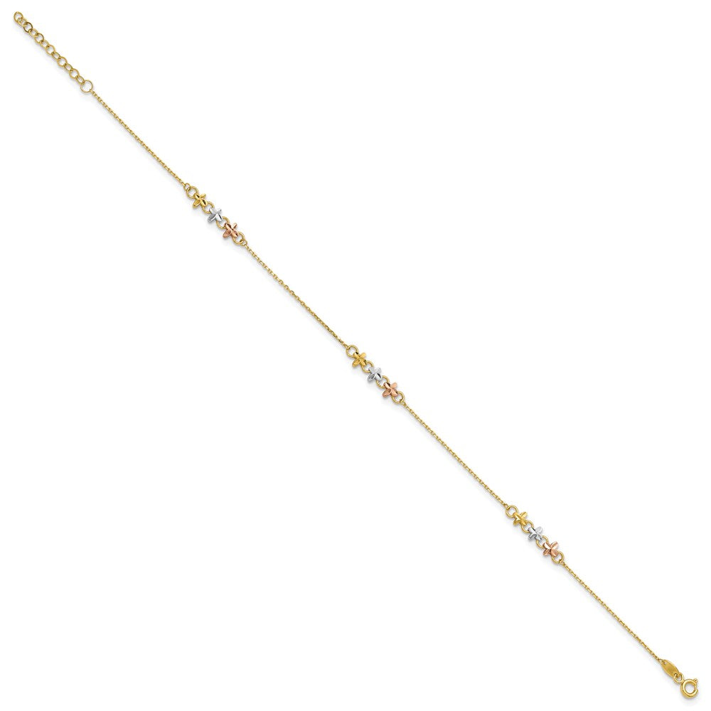 14K Two-tone with White Rhodium 3-Station Flowers 9 inch with 1 inch Extender Anklet