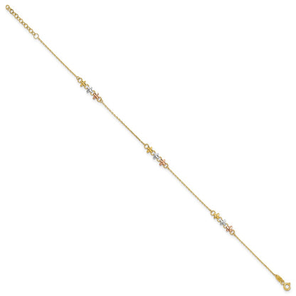 14K Two-tone with White Rhodium 3-Station Flowers 9 inch with 1 inch Extender Anklet