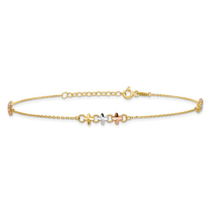 14K Two-tone with White Rhodium 3-Station Flowers 9 inch with 1 inch Extender Anklet