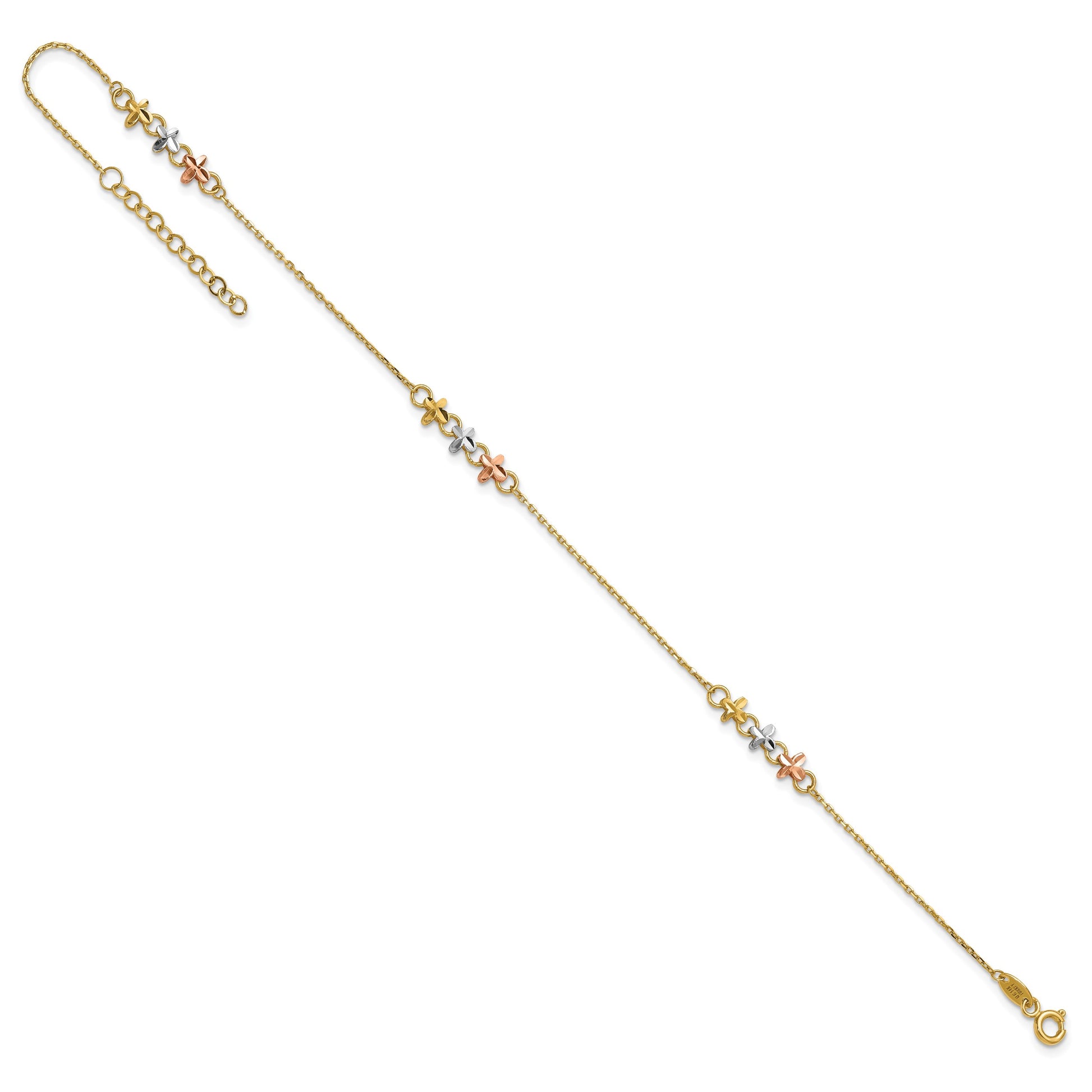 14K Two-tone with White Rhodium 3-Station Flowers 9 inch Plus 1 inch Extender - Total 10 inch Anklet
